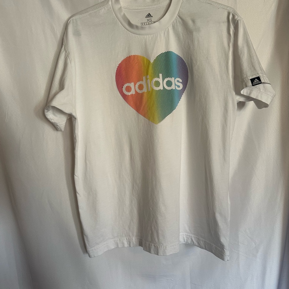 Women’s XS Adidas White T-Shirt with Rainbow Heart/ Pride Logo